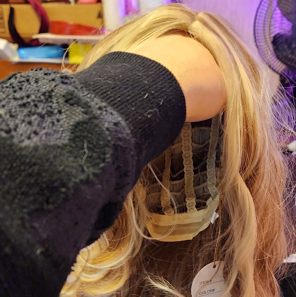 Brown with blond highlights wig.